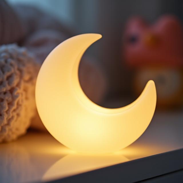 A close-up of a whimsical custom-made night light shaped like a crescent moon.